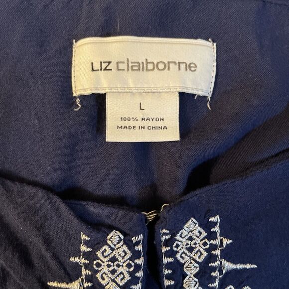 Liz Claiborne Blouse Keyhole Neck 3/4 Sleeve Shirt Blue Large Boho Embroidered‎ - Picture 9 of 10